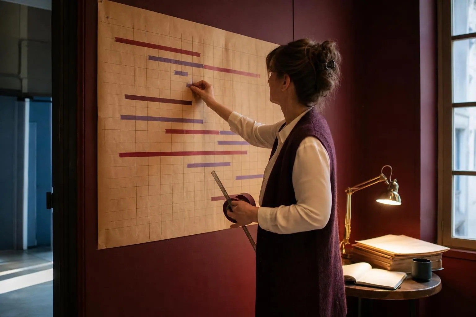 Femme collant une pastille de ruban adhésif de couleur sur un planning annuel tracé à la main au mur d’un bureau de compagnie