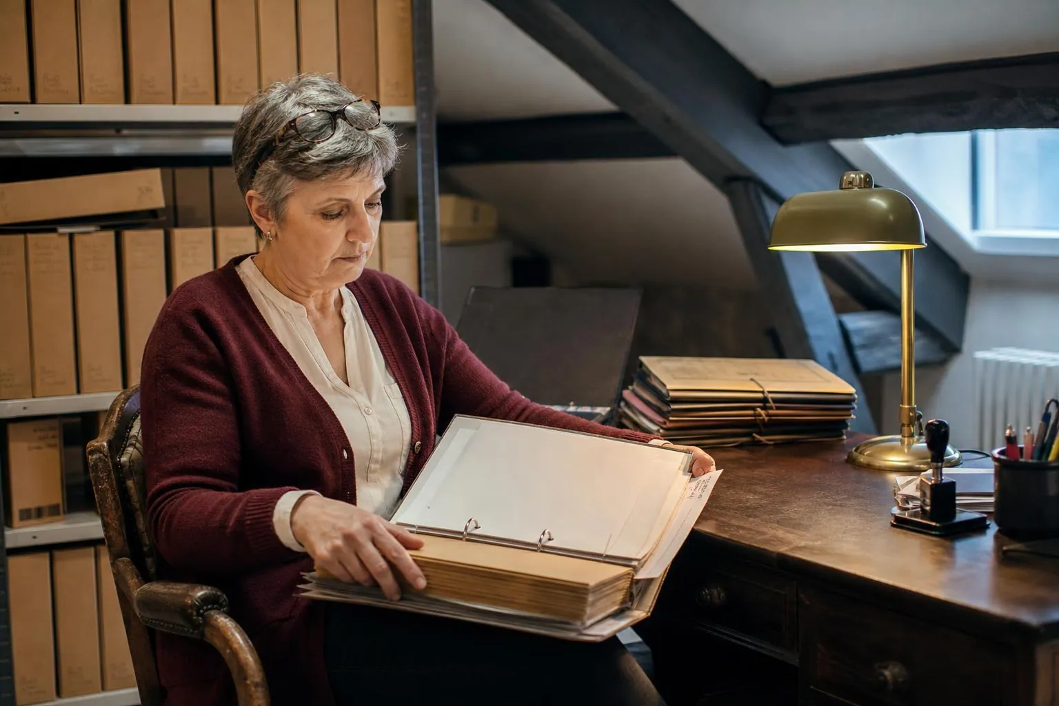 Administratrice de compagnie consultant un classeur à levier ouvert dans un bureau sous les combles d’un théâtre, entourée de boîtes d’archives