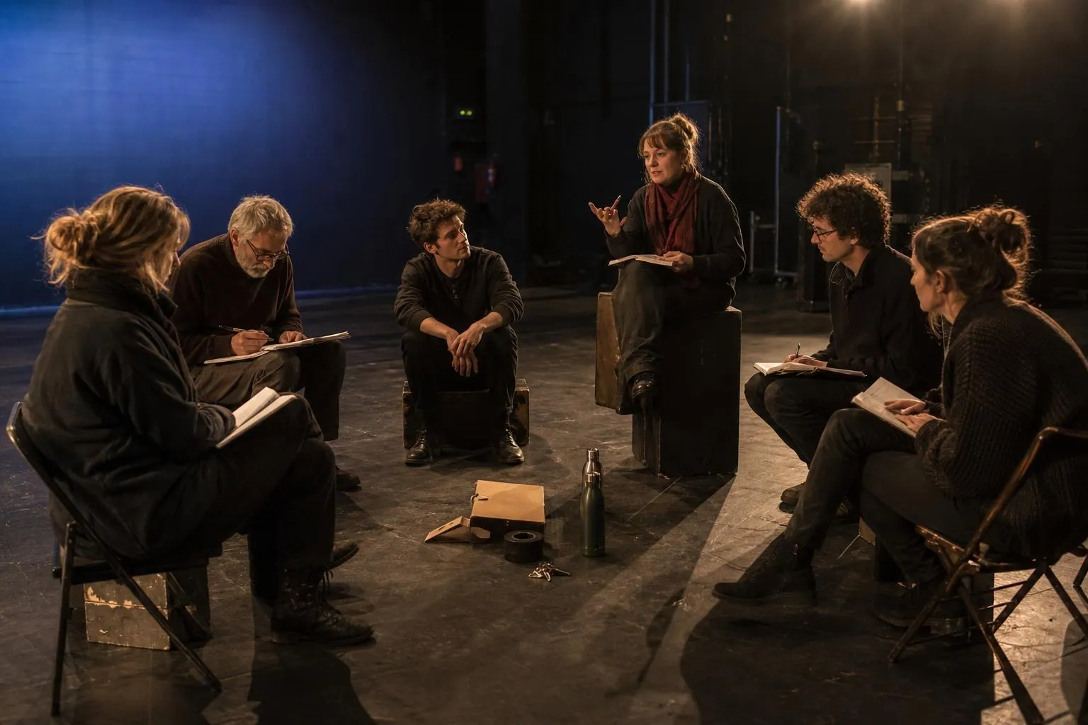 Six professionnels du spectacle assis en cercle sur des cubes de scène dans un plateau vide, carnets sur les genoux, en réunion de fin de journée