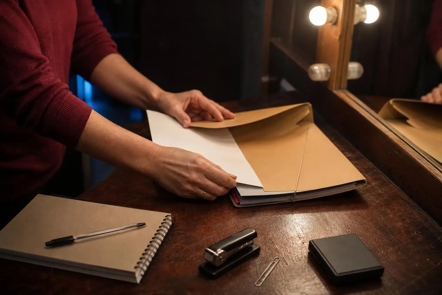 Mains d’une femme glissant une attestation dans une pochette cartonnée à élastique posée sur un comptoir de loge
