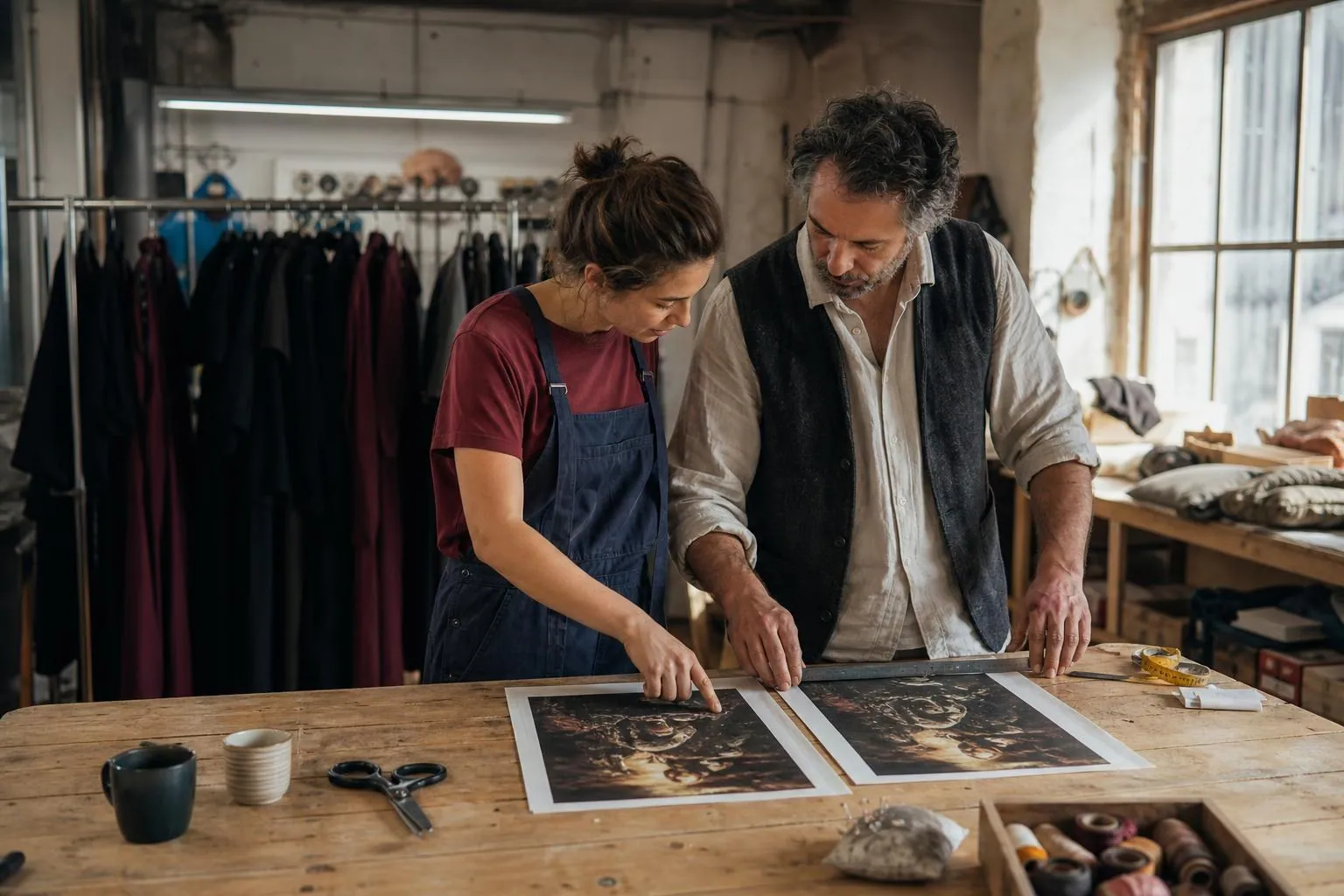 Deux membres d’un bureau de production comparent deux versions imprimées du même tableau de budget sur une grande table d’atelier costumes