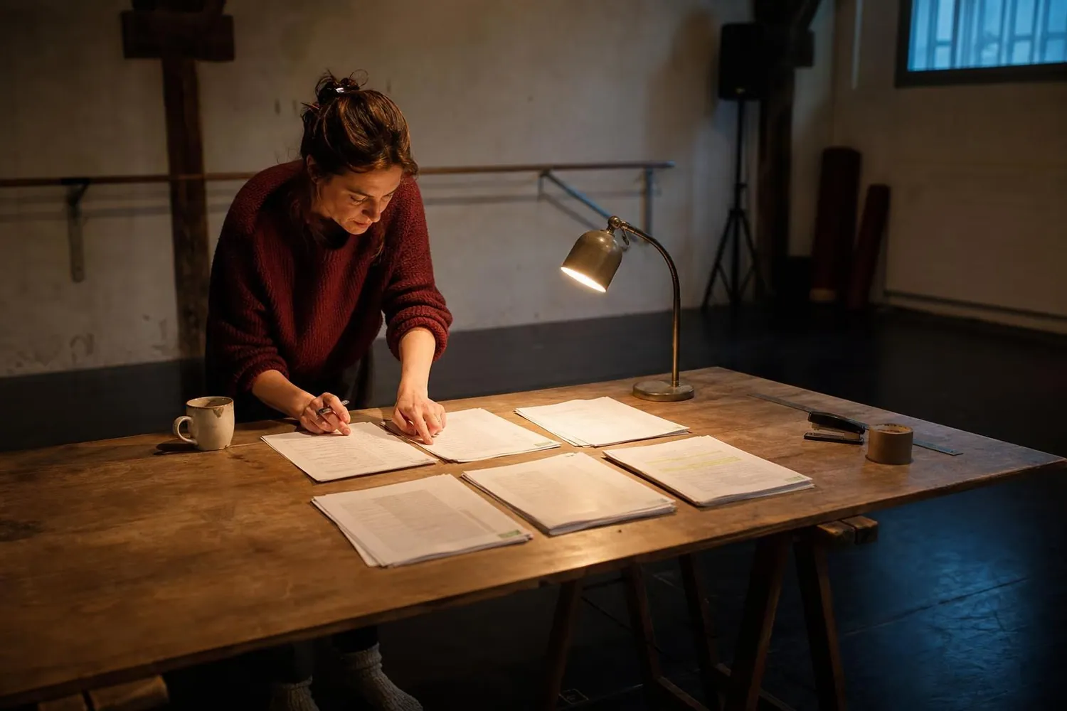 Chargée de production penchée sur une grande table couverte de tableaux de budget imprimés, dans un studio de répétition en fin de journée